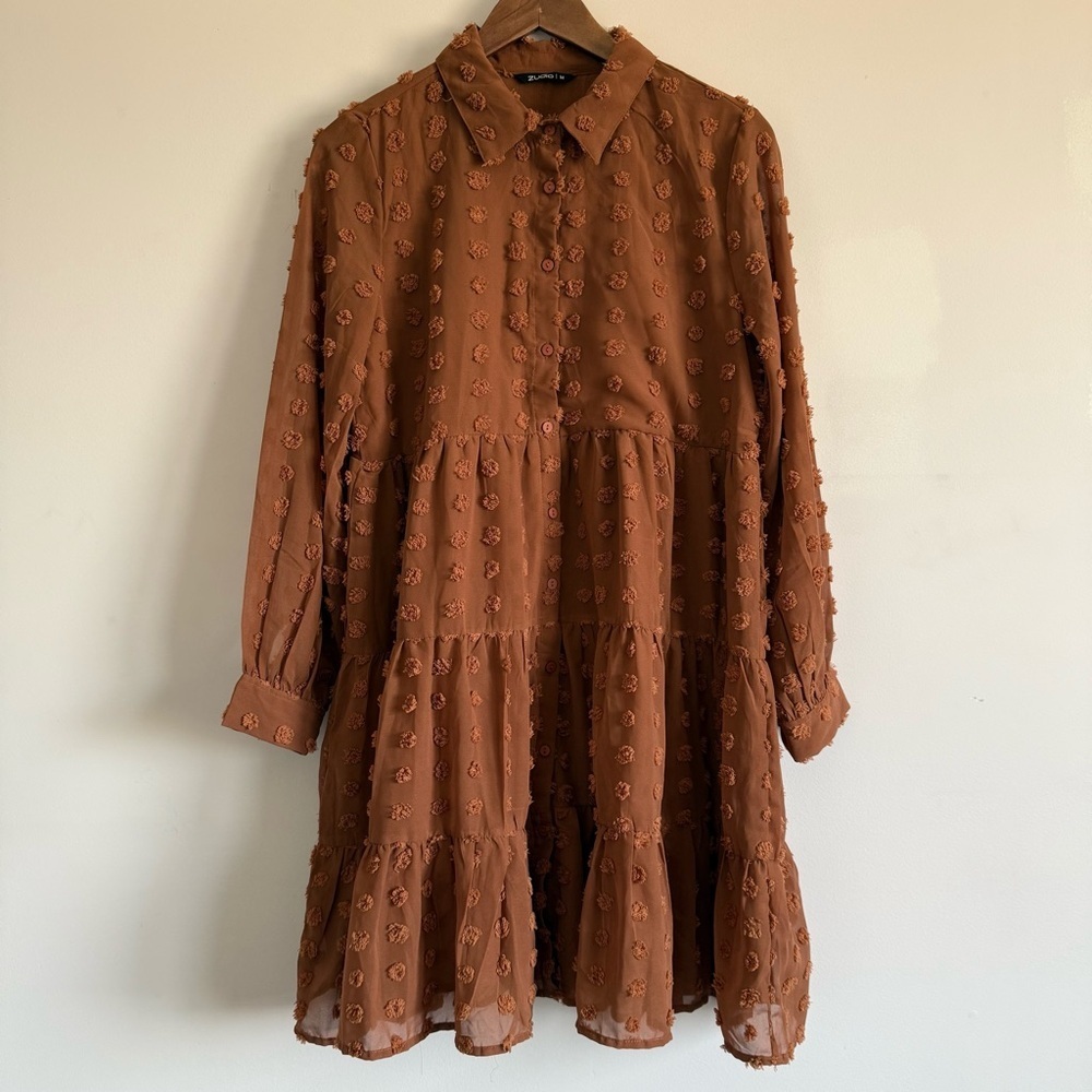Tiered Long-Sleeve Textured Dress in Rust